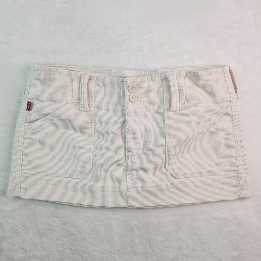Vintage Y2K Hollister Cream Corduroy Micro Mini Skirt Size 0 W29 Ultra Low Rise